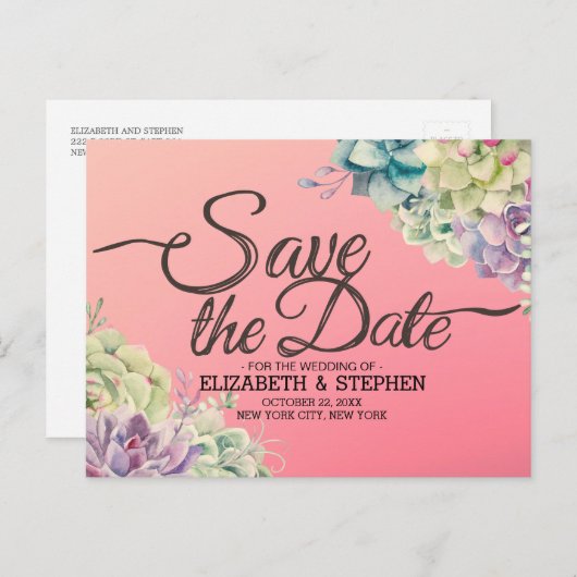 Hochzeit speichern Sie das Datum Wasserfarbe Sukku Ankündigungspostkarte (Vorne/Hinten)