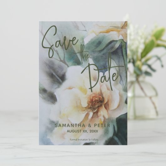 Hochzeit speichern Sie das Datum Wasserfarben Rose Einladung (Stehend Vorderseite)