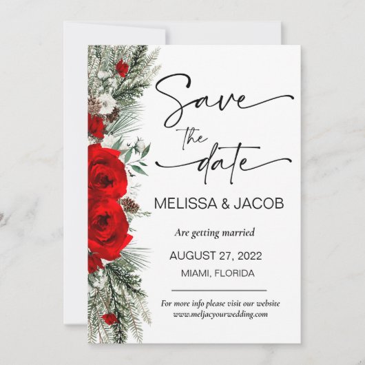 Hochzeit speichern Sie das Datum Winter Rote Rose  Einladung (Vorderseite)