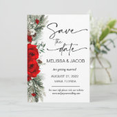 Hochzeit speichern Sie das Datum Winter Rote Rose  Einladung (Stehend Vorderseite)