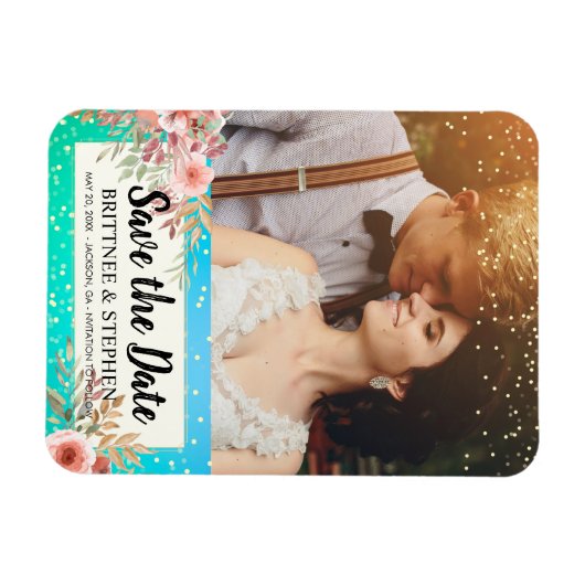 Hochzeit speichern Sie das Foto Blumenmuster Aquam Magnet (Horizontal)