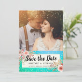 Hochzeit speichern Sie das Foto Blumenmuster Aquam Save The Date (Stehend Vorderseite)