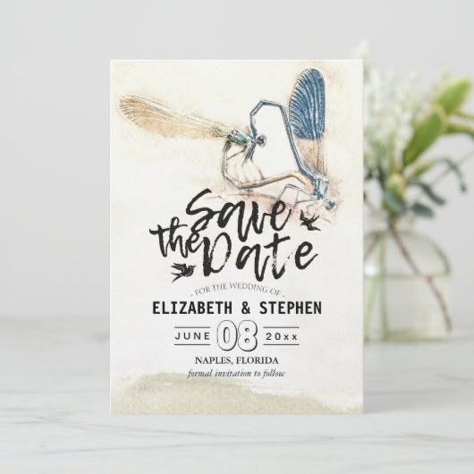 Hochzeit speichert das Date Dragonfly-Paarungsherz Save The Date (Stehend Vorderseite)