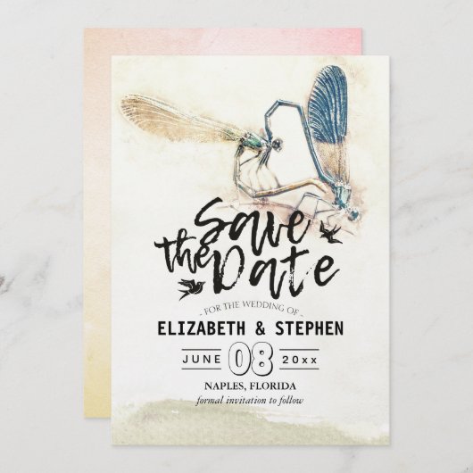 Hochzeit speichert das Date Dragonfly-Paarungsherz Save The Date (Vorne/Hinten)