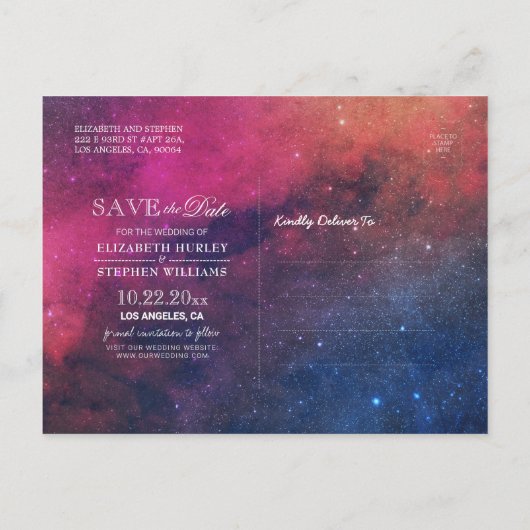 Hochzeit speichert das Datum Galaxie-Nebula-Sternb Ankündigungspostkarte (Rückseite)