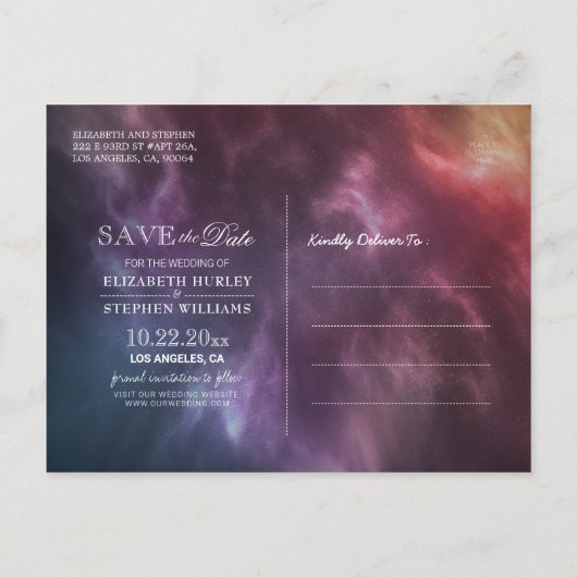 Hochzeit speichert das Datum Galaxie-Nebula-Sternb Ankündigungspostkarte (Rückseite)