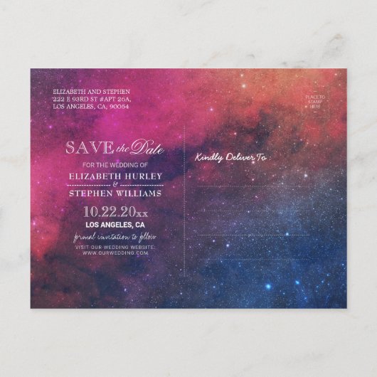 Hochzeit speichert das Datum Galaxie-Nebula-Sternb Ankündigungspostkarte (Rückseite)