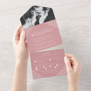 Hochzeit staubrosa weiße Blätter Foto Essen Rückan All In One Einladung