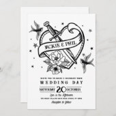 Hochzeit Tattoo traditionelle Rock Heart Doves Einladung (Vorne/Hinten)