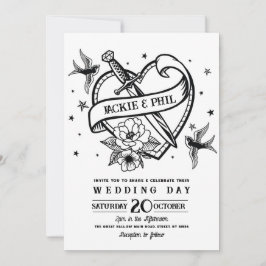 Hochzeit Tattoo traditionelle Rock Heart Doves Einladung