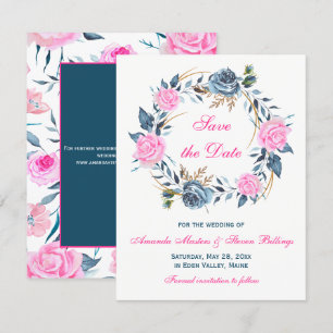 Hochzeit - Termin merken - Rosa, Blaue Rosen Einladung