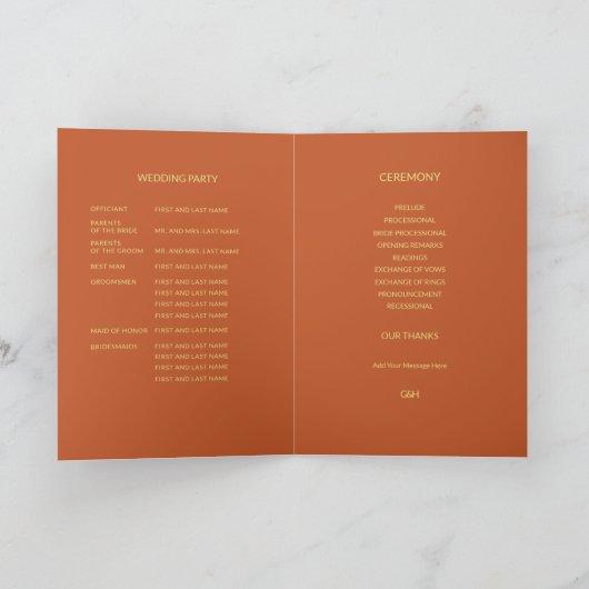 Hochzeit Terracotta Gold Folded Program Programm (Innenseite)