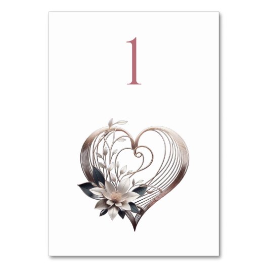 Hochzeit Tischnummer Modernes rosa Herz mit Blume (Rückseite)
