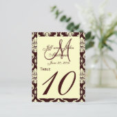 Hochzeit Tischnummern Braun Elfenbeindamask (Stehend Vorderseite)