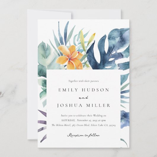 Hochzeit tropischer Flora Einladung (Vorderseite)