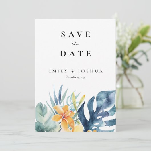 Hochzeit tropischer Flora Save The Date (Stehend Vorderseite)