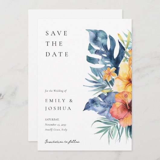 Hochzeit tropischer Flora Save The Date (Vorne/Hinten)