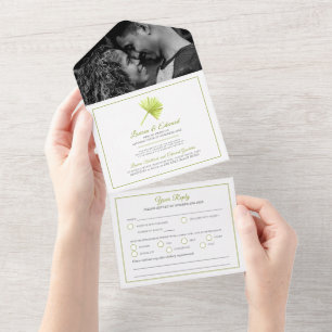 Hochzeit tropischer Palmwedel Wasserfarbe grün wei All In One Einladung
