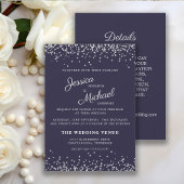 Hochzeit und Details von Navy Blue Silver Glitzer Einladung