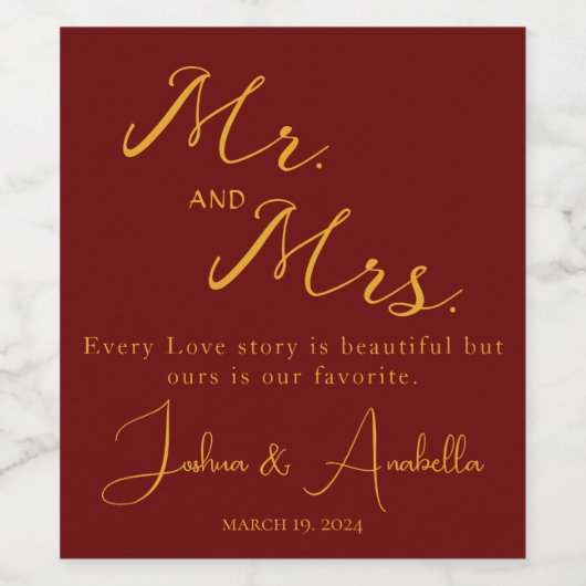 Hochzeit und Zitat Burgund und Gold Weinetikett (Einzelnes Label)