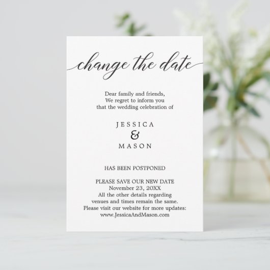 Hochzeit verschoben Ändern das Datum des neuen Pla Einladung (Stehend Vorderseite)