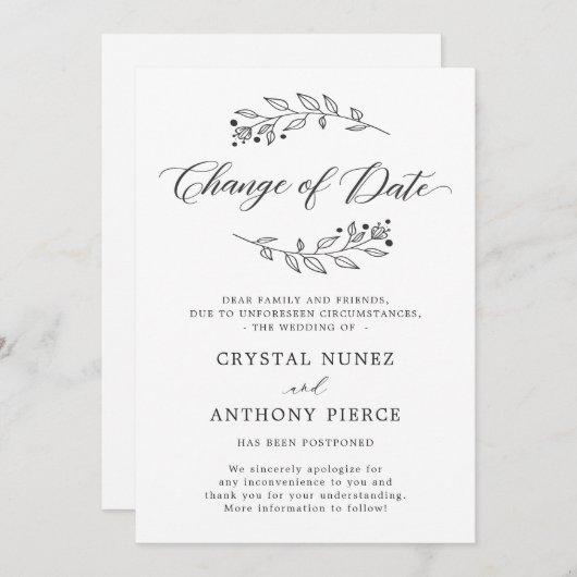 Hochzeit verschoben Ändern Sie das Datum Ankündigu Einladung (Vorne/Hinten)