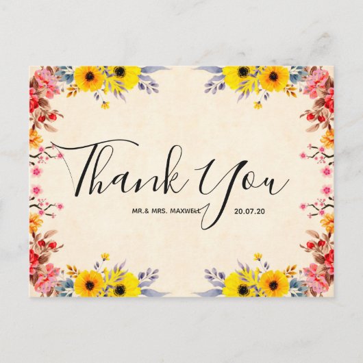 Hochzeit Vielen Dank Romantische Blumenschrift Pos Postkarte (Vorderseite)
