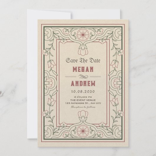 Hochzeit Vintager künstlerischer Blumenarten Save The Date (Vorderseite)