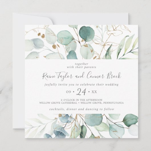 Hochzeit von Airy Greenery und Gold Leaf Square Einladung (Vorderseite)