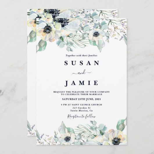 Hochzeit von Anemone Aquarellfarben Einladung (Vorne/Hinten)