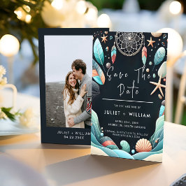 Hochzeit von Aqua Sand aus gestapeltem Meerglas Save The Date