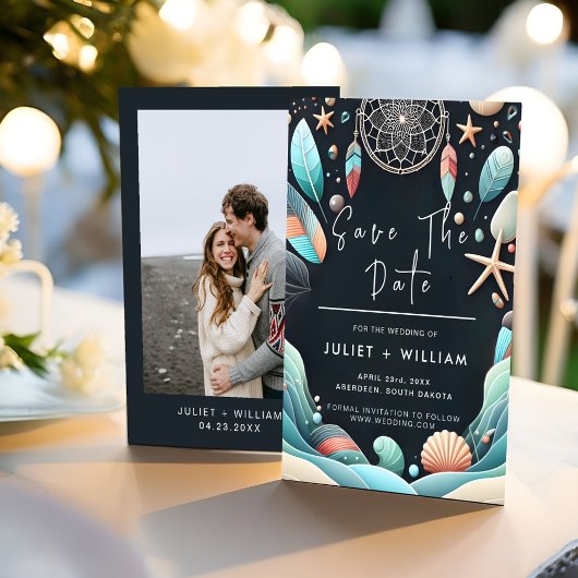 Hochzeit von Aqua Sand aus gestapeltem Meerglas Save The Date