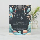 Hochzeit von Aqua Sand aus gestapeltem Meerglas Save The Date (Stehend Vorderseite)