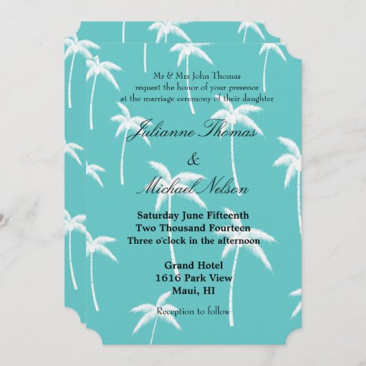 Hochzeit von Aqua und weißen Palmen Einladung (Vorne/Hinten)