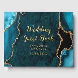 Hochzeit von aquamarinem Blau und Gold Agate Gästebuch