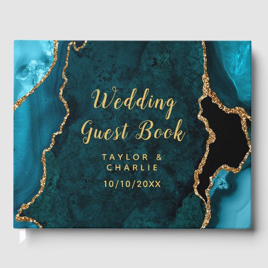 Hochzeit von aquamarinem Blau und Gold Agate Gästebuch (Vorderseite)
