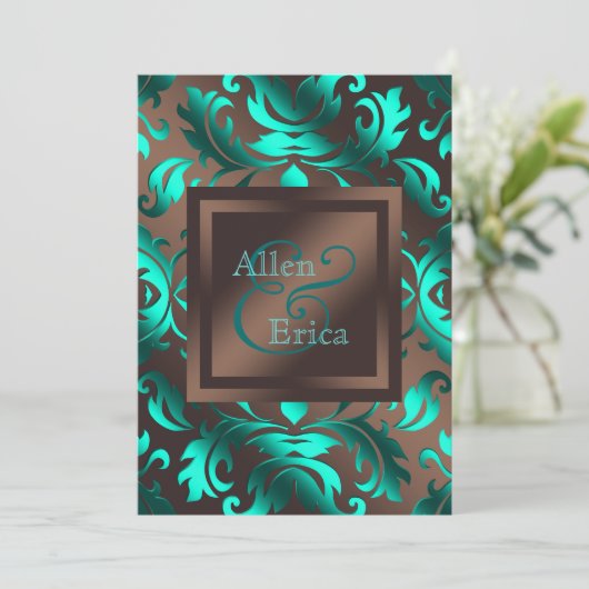 Hochzeit von aquamarinem Blau und Schokolade Brown Einladung (Stehend Vorderseite)