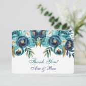 Hochzeit von aquamarinen Navy Blue Peony Blume Dankeskarte (Stehend Vorderseite)