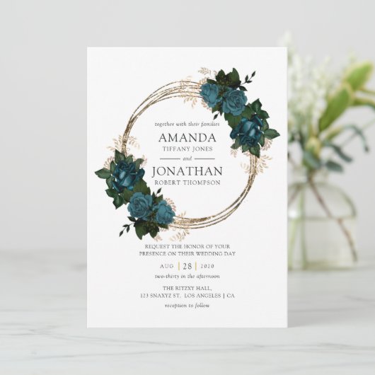 Hochzeit von aquamarinen und Goldfloralen Einladung (Stehend Vorderseite)