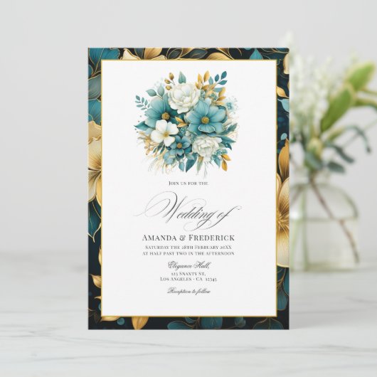 Hochzeit von aquamarinen und Goldfloralen Einladung (Stehend Vorderseite)