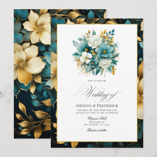 Hochzeit von aquamarinen und Goldfloralen Einladung