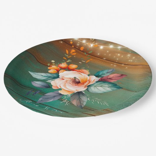 Hochzeit von aquamarinen und kopferfarbenen Holzbl Pappteller (Schrägansicht)