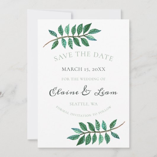 Hochzeit von Aquarellblättern Save The Date (Vorderseite)