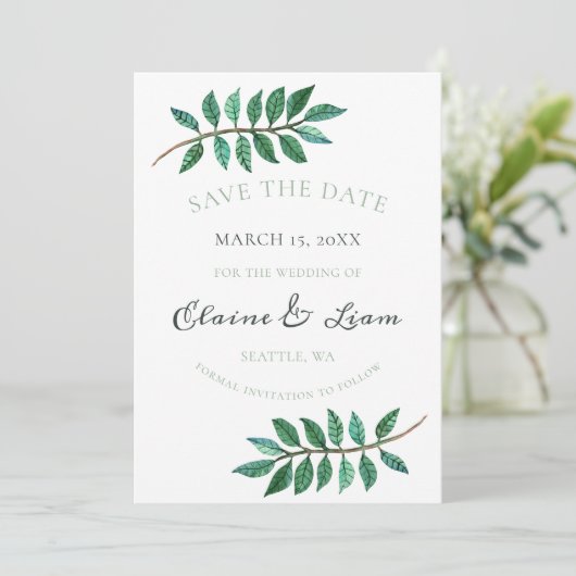 Hochzeit von Aquarellblättern Save The Date (Stehend Vorderseite)
