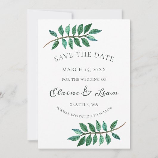 Hochzeit von Aquarellblättern Save The Date (Vorderseite)