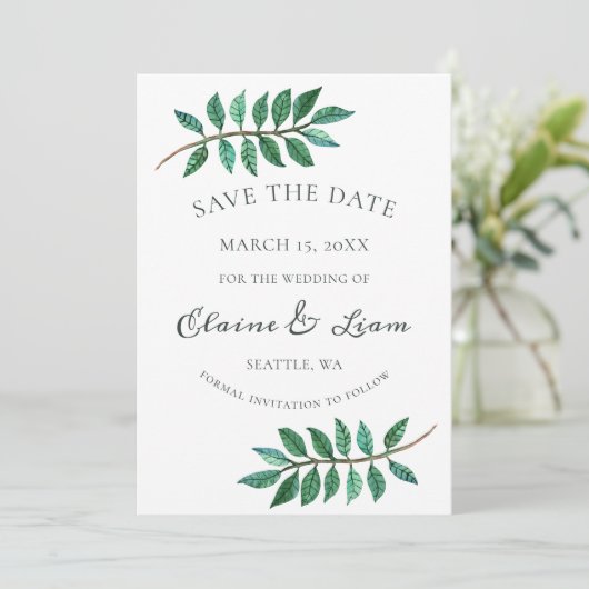 Hochzeit von Aquarellblättern Save The Date (Stehend Vorderseite)