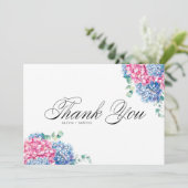 Hochzeit von Aquarellfarben Pink und Blue Hydrange Dankeskarte (Stehend Vorderseite)