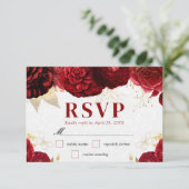 Hochzeit von Aquarellrot und Gold-Blume RSVP Karte (Stehend Vorderseite)