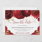 Hochzeit von Aquarellrot und Gold-Blume Save The Date (Vorderseite)