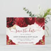 Hochzeit von Aquarellrot und Gold-Blume Save The Date (Stehend Vorderseite)